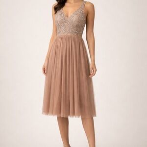 Maya Deluxe Blush Beaded Tulle Midi Dress V-Neck Sleeveless US 8